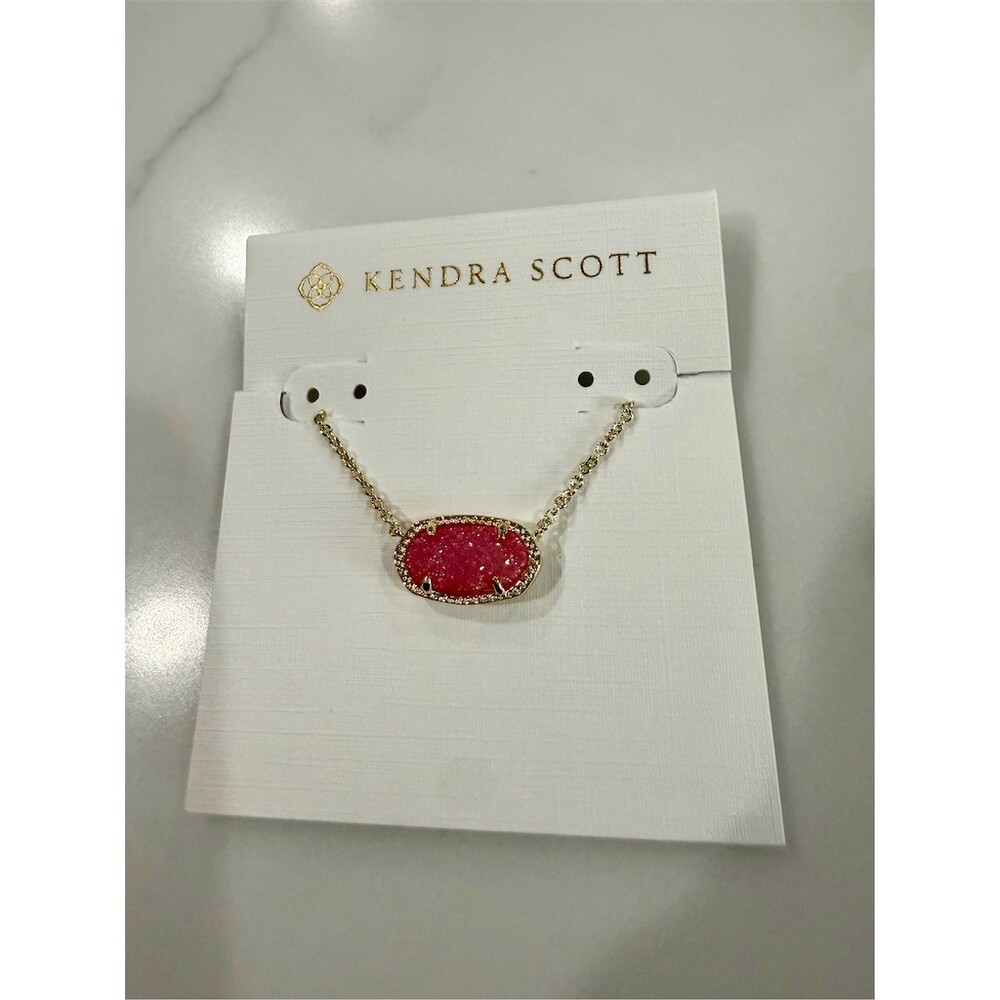 Kendra Scott Elisa Pendant Necklace Gold Pink/Red Drusy Oval Charm gift - Picture 2 of 2